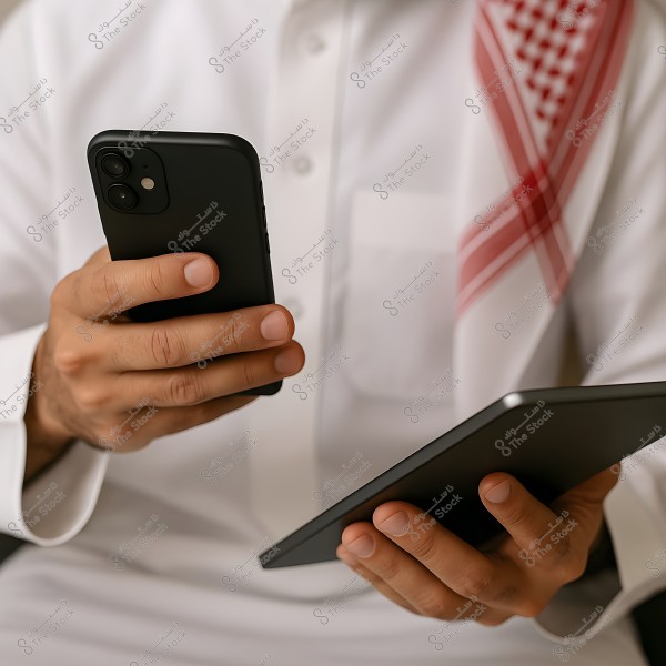 Image of a man wearing a white thobe and a red checked ghutra, holding a mobile phone in his right hand and a tablet in his left hand. The focus is on the hands and electronic devices, with parts of the thobe and ghutra visible in the image. The scene suggests a setting that could be an office or work environment.