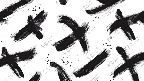 An abstract painting featuring black brush strokes in intersecting shapes and dots on a white background. The artwork displays a mix of various artistic elements in differing sizes and styles.