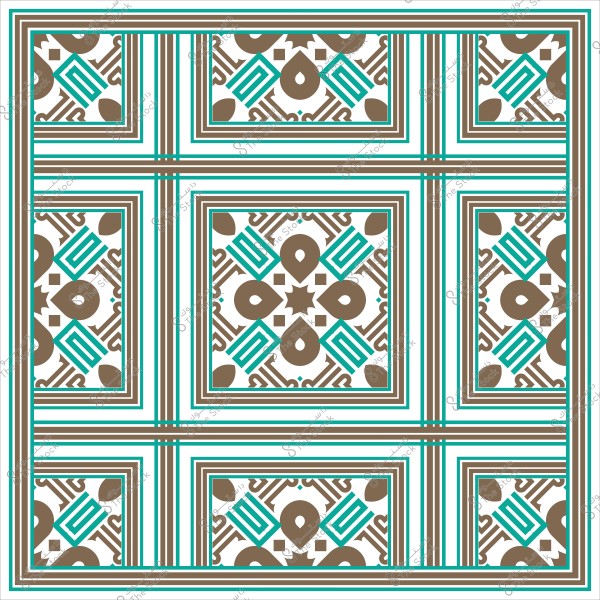 Ornamental design featuring geometric shapes in brown and aqua colors, with a repeating pattern in symmetrical squares.