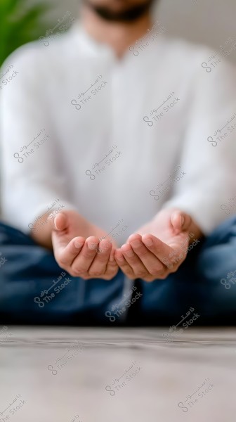 Image of a seated man with open hands in a praying position. The person is wearing a white shirt and jeans, with a blurred background showing green, suggesting the presence of plants.