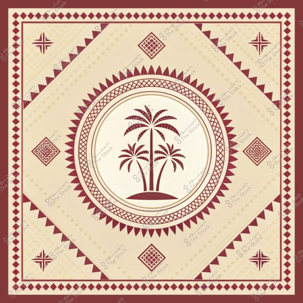 تصميم زخرفي يتميز بنمط تقليدي عربي يحتوي على نخيل في المركز محاط بزخارف هندسية. الألوان المستخدمة هي البيج والبني المحمر, والخلفية مزينة بأشكال مثلثات وألماس. التصميم يعكس الفن العربي التقليدي.