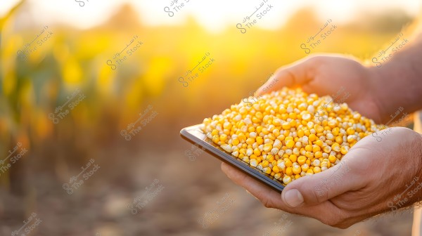 An image depicting hands holding a tablet filled with ripe yellow corn kernels, set against a sunlit farm background with golden light spreading across the horizon. The image highlights the sharp details of the corn kernels against the blurred background.