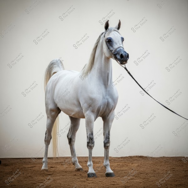 An image of a purebred Arabian horse with a light gray color standing on a sandy surface against a white background. The horse is in a majestic stance with its head held high, wearing a simple bridle.
