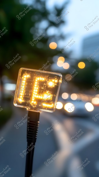 Image of a small illuminated sign displaying the word \"LIFE\" made of yellow LED lights, positioned in the foreground and facing a busy street during evening hours. Car lights and bokeh effect create a blurred background with trees.