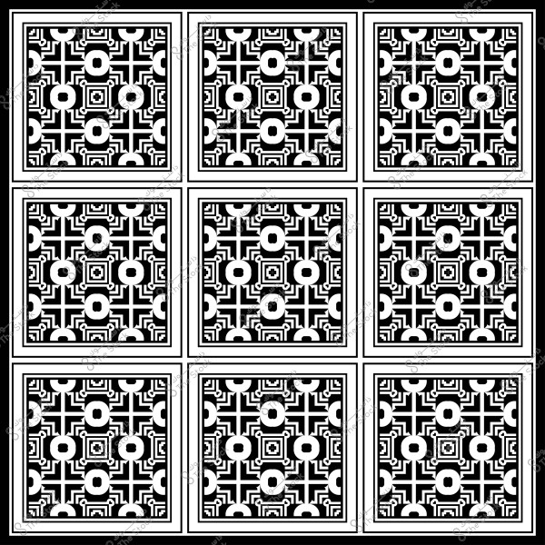 تصميم هندسي مكون من مربعات متكررة باللونين الأسود والأبيض مع نمط زخرفي.