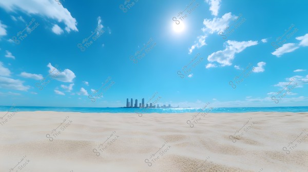 A coastal scene depicting a sandy beach in the foreground, with a clear blue sea. In the background, skyscrapers line the horizon under a clear blue sky with scattered white clouds, and the sun shining above the horizon.