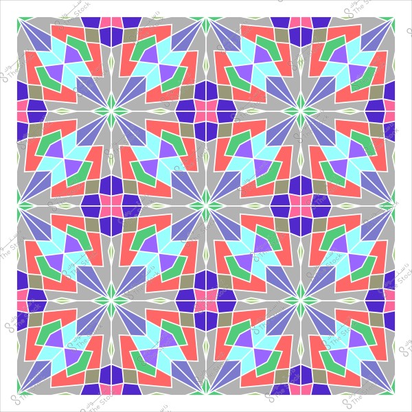 A colorful geometric pattern featuring symmetrical shapes in a tile-like design with red, green, blue, and pink colors on a gray background.