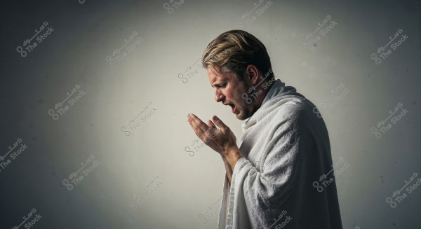 An image of a man in a side profile view yawning, wearing a white robe. He appears to be looking into his hands, with a softly dimmed background.