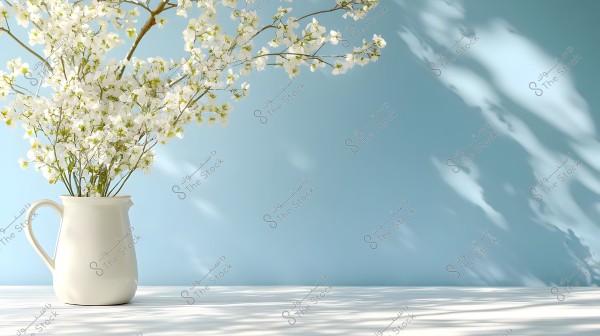 A white ceramic vase containing flowering branches with small white blossoms, placed on a light-colored wooden surface. The background is light blue with soft shadows cast by the flowers and branches, adding a serene and natural atmosphere.