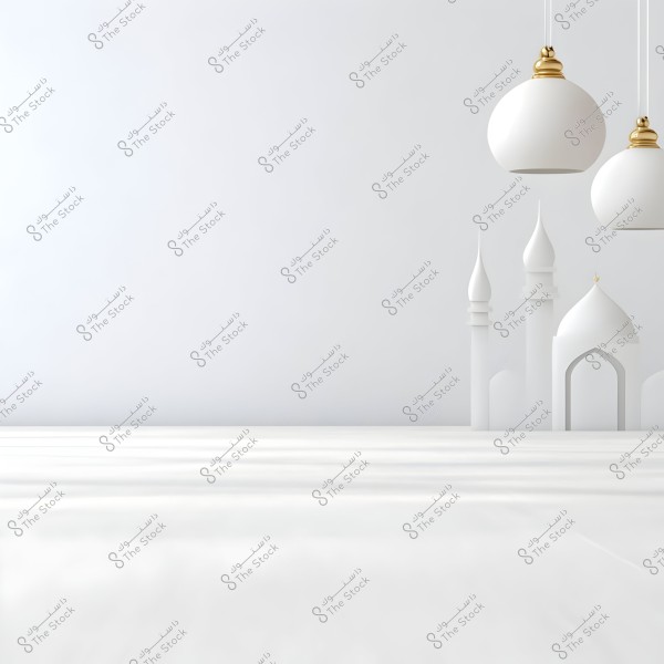 صورة توضح تصميم داخلي بسيط بألوان بيضاء وذهبية. الصورة تعرض ثلاث مصابيح معلقة بيضاء اللون مع لمسات ذهبية في الأعلى, بجانب نماذج لمآذن وأقواس تعكس الطراز المعماري الإسلامي. الخلفية والجدران بيضاء, مما يعطي شعوراً بالنقاء والصفاء.
