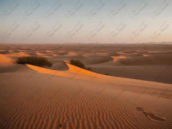 لقطة للكثبان الرملية الذهبية في الصحراء السعودية وتظهر السماء صافية  نهارًا ، الربع الخالي ، مناطق صحراوية، مصممة بواسطة الذكاء الاصطناعي