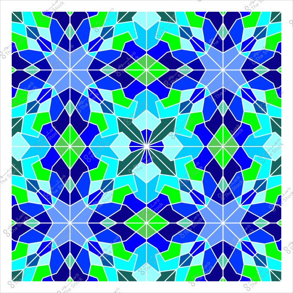 تصميم هندسي بألوان زرقاء وخضراء متداخلة تشكل نمطًا إسلاميًا تقليديًا, مع تكرار الأشكال في نمط متناظر يغطي كامل الصورة.

-