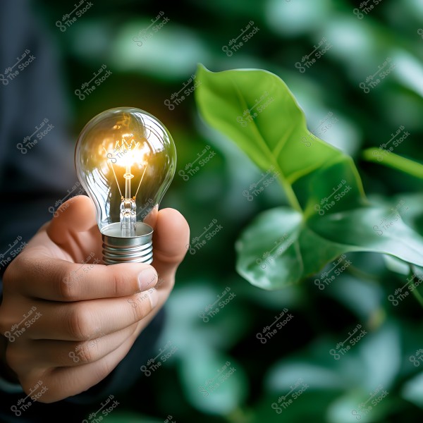 A hand holding a lit lightbulb in front of a background of green leaves. The image conveys a concept of innovation and renewable energy.