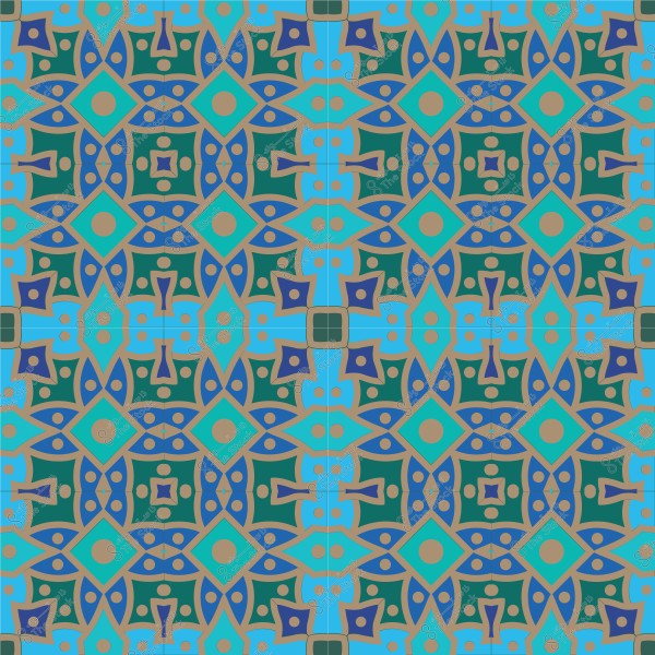 تصميم زخرفي بنمط هندسي متكرر بألوان الأزرق والأخضر والذهبي.
