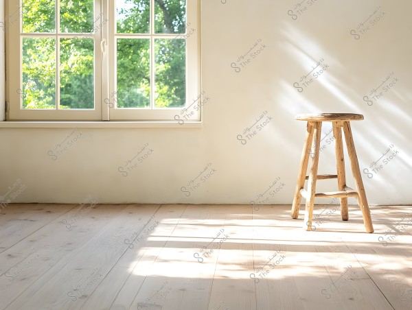 An image of a room illuminated by natural light. A simple wooden stool with three legs is situated on a light-colored wooden floor. In the background, there is a double-paned window showing green trees outside, allowing sunlight to enter the room and create natural shadows on the floor and walls.