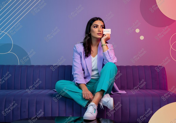 A portrait of a young woman sitting on a purple couch, wearing a purple blazer with a white shirt and green pants, along with white sneakers. She is holding a card with the word \"ALWAN\" in sleek, straight font. The background wall features an abstract pattern with gradient colors from blue to pink, along with circles and white lines.