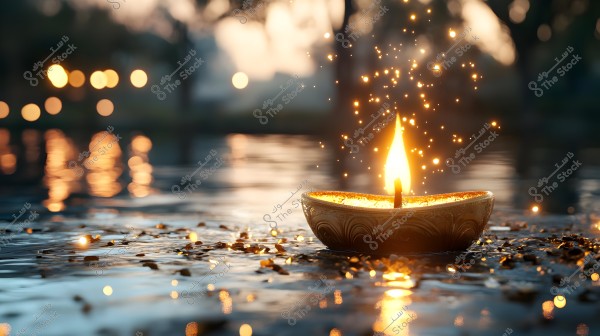 An image of a lit candle floating on the surface of water in a small ornate vessel. The golden lights of the candle reflect on the water, creating a mesmerizing view with cool, blurred lights in the background, establishing a calm and serene ambiance.
