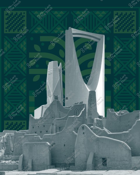An image combining traditional and modern architecture in Saudi Arabia. In the foreground, traditional mud buildings are visible, while in the background, the iconic modern Kingdom Tower stands out with its unique design. The image is completed with a traditional decorative pattern in the background.