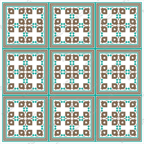 تصميم فسيفساء بتكرار أنماط هندسية بنية وزرقاء على خلفية بيضاء.