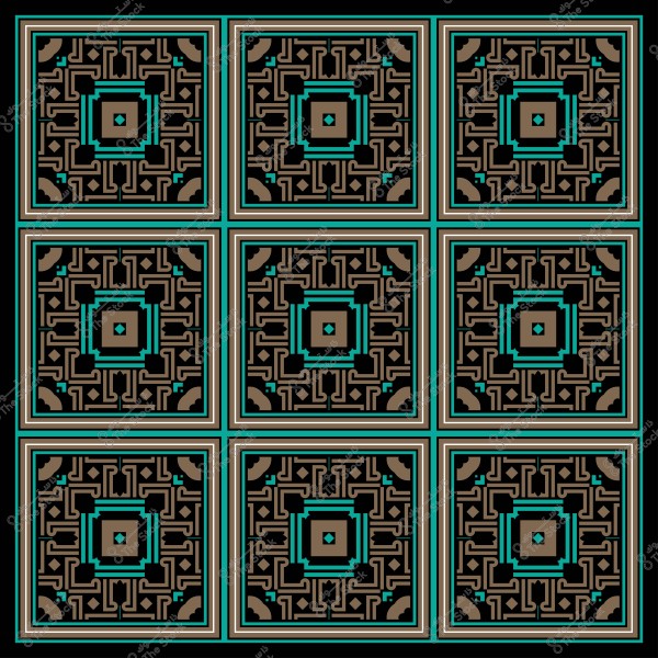 Repeating geometric design of tiles with intricate brown and teal patterns.