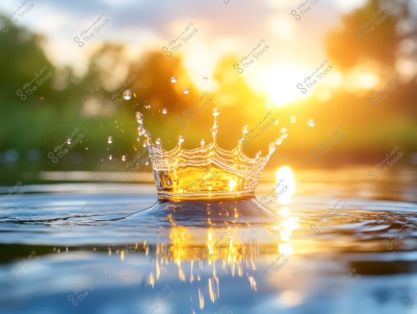 A water droplet falls into a pond, creating a crown-like splash with droplets spreading around. The sun illuminates the background, casting beautiful golden reflections on the water surface. The background is blurred, featuring trees and greenery in a bright daytime setting.