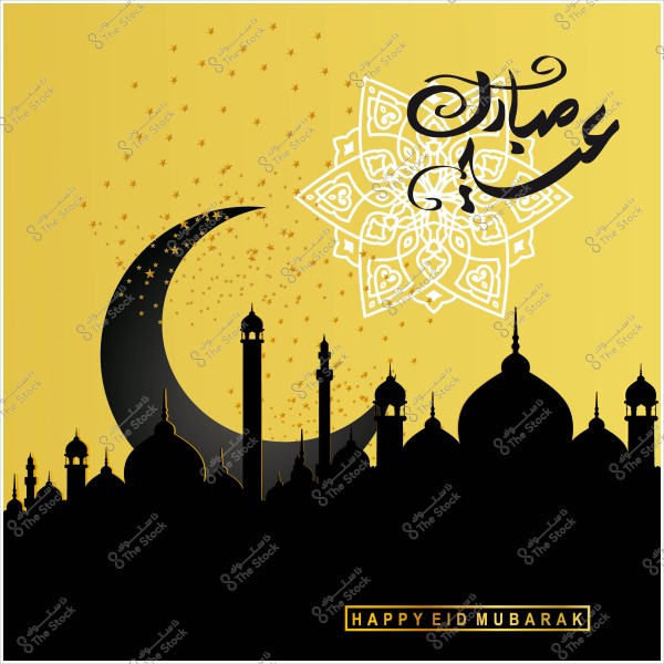 صورة تحتوي على هلال الكرتون, ونجوم متناثرة على خلفية صفراء, مع كلمة \"عيد مبارك\" مكتوبة بالعربية وزخرفة إسلامية هندسية. تتضمن الصورة أيضًا مشهدًا لأبراج المسجد.