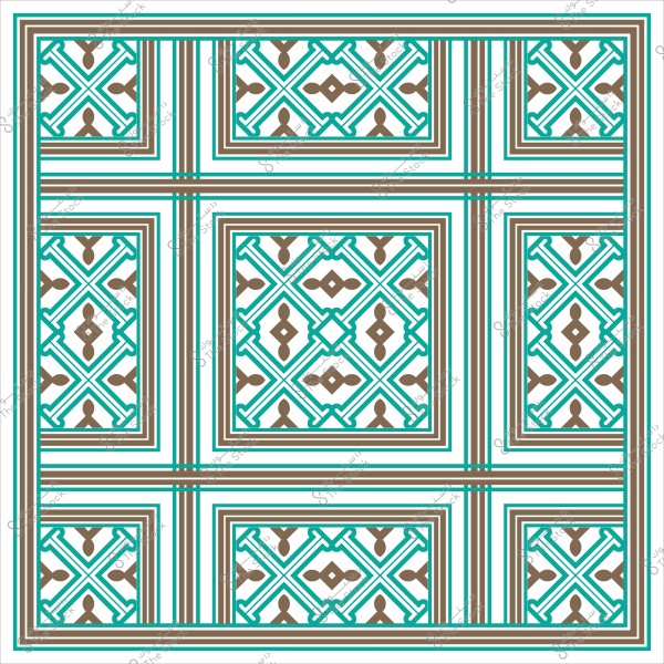 تصميم هندسي بزخارف متقاطعة بألوان بني وأزرق في أشكال مربعة.