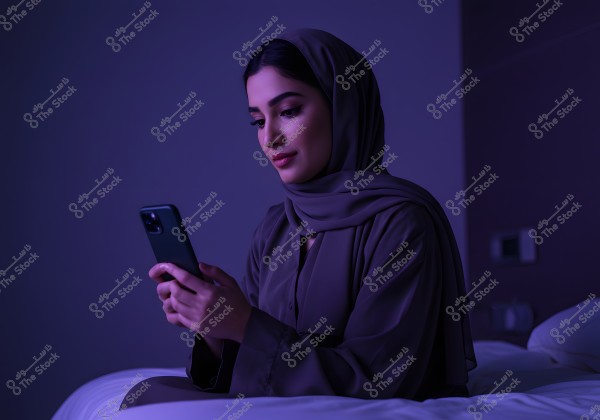 Image of a woman sitting on a bed in a dimly lit room, wearing a dark-colored hijab and abaya, while looking at a mobile phone in her hands. The atmosphere is calm with soft, purple-tinted lighting.