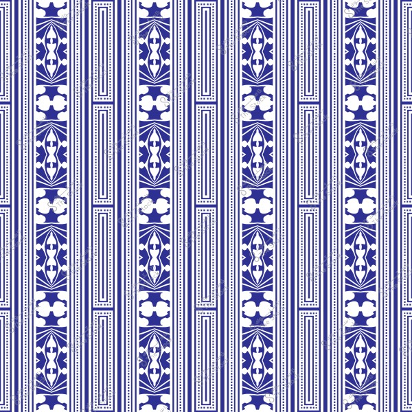 A decorative pattern consisting of vertical stripes in blue and white. The design features intricate geometric shapes and repetitive details. The pattern displays precise symmetry and conveys a sense of artistic balance.