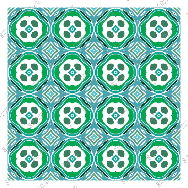 Symmetrical geometric pattern with green, blue, and white colors featuring floral and circular shapes.
