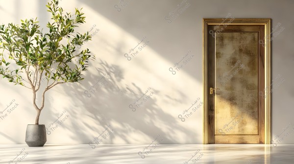 An image showing a wooden door with a golden hue on a white wall, next to a green plant in a gray pot. Soft shadows are cast on the wall by natural light, adding a serene and aesthetic touch to the room.