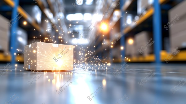 A cardboard box placed on a warehouse floor, emitting bright light sparks. In the background, there are blurred storage shelves filled with boxes in a warehouse aisle.