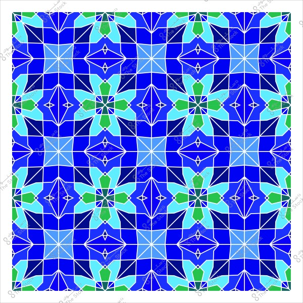 تصميم هندسي متكرر بأسلوب الفسيفساء, يحتوي على أشكال باللون الأزرق والأخضر والنيلي, تتميز بأشكال نجمية وزخارف هندسية متداخلة, مما يعكس أسلوبًا تقليديًا مستلهمًا من الفن الإسلامي.

-