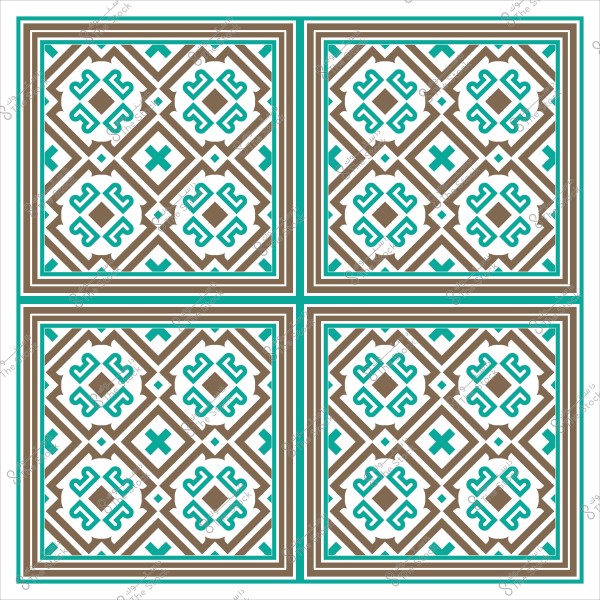 Geometric decorative pattern with repeating shapes in brown and green on square tiles.