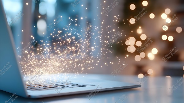 An image of an open laptop on a desk, with visual effects of glowing lights emanating and flying into the air from the keyboard. The background is blurred and filled with bokeh lights, creating a magical and contemporary atmosphere.