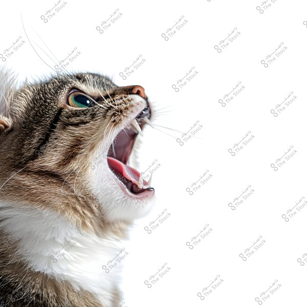 A close-up image of a cat expressing emotion with its mouth open and visible fangs. The cat has brown and white striped fur, set against a completely white background that highlights its features.