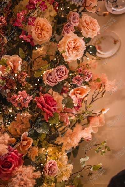 تنسيق فني من الورود المتنوعة بدرجات اللون الوردي والبرتقالي, مزينة بالأضواء الصغيرة الخافتة.