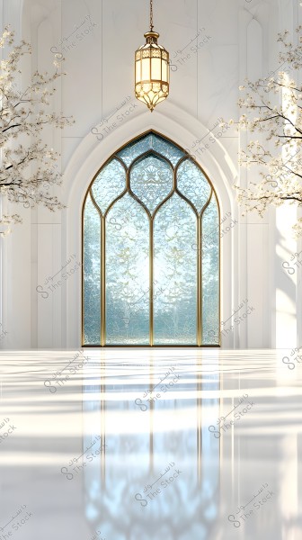 يظهر في الصورة نافذة كبيرة ذات تصميم معماري عربي إسلامي, تتضمن تفاصيل زجاجية مزخرفة بإطارات ذهبية. تتدلى من السقف ثريا معدنية تقليدية تعكس الضوء بشكل جميل على الأرضية الرخامية اللامعة. تحيط بالنوافذ أشجار مزهرة تضيف لمسة طبيعية إلى المشهد البسيط والمشرق.