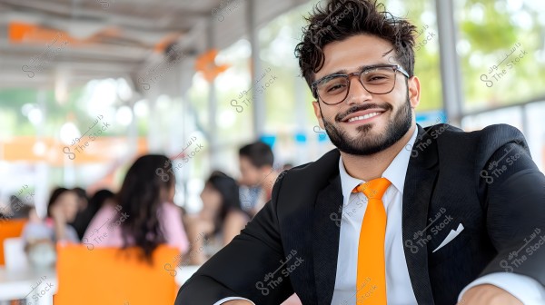 A photo of a man wearing a black formal suit with an orange tie, sitting in a modern café or restaurant setting. The man is smiling and looking at the camera, wearing glasses. In the background, people are seated at tables with orange chairs.