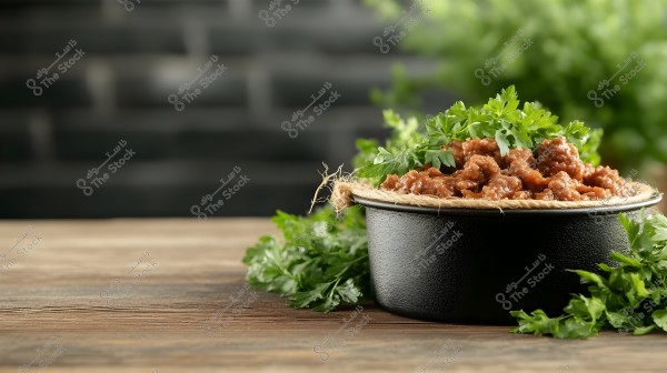 An image of a black bowl containing pieces of cooked meat, garnished with fresh parsley leaves on a wooden surface. The green leaves surrounding the bowl add a natural flavor to the image. The background is blurred with neutral colors, highlighting the details of the food.