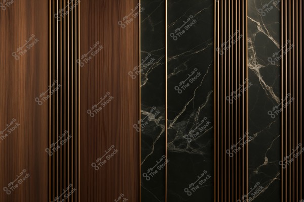 Interior design of a wall featuring dark brown wood and black marble patterns with white veins. Vertical panels and gold lines give a modern and elegant appearance.