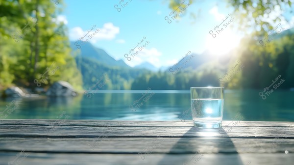 A natural scene featuring a glass of water on a wooden table by a lake. In the background, there is calm blue water surrounded by lush green trees, with mountains visible in the distance under a clear sky brightened by sunlight.