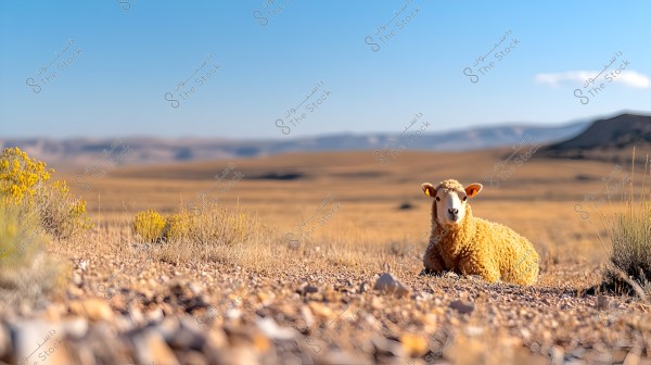 Image shows a sheep sitting in an open desert landscape with a clear blue sky in the background. In the foreground, there are small, dry plants, while vast lands stretch out behind the sheep. The scene conveys a sense of peace and tranquility in the wild nature.