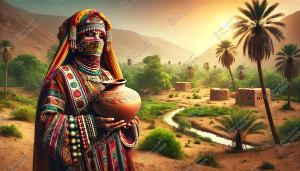 An image of a woman in traditional attire richly decorated with vibrant patterns and colors, holding an ornate pottery vessel. The woman’s face is covered with an adorned veil. The background shows a lush valley with palm trees and small mud houses under the setting sun.