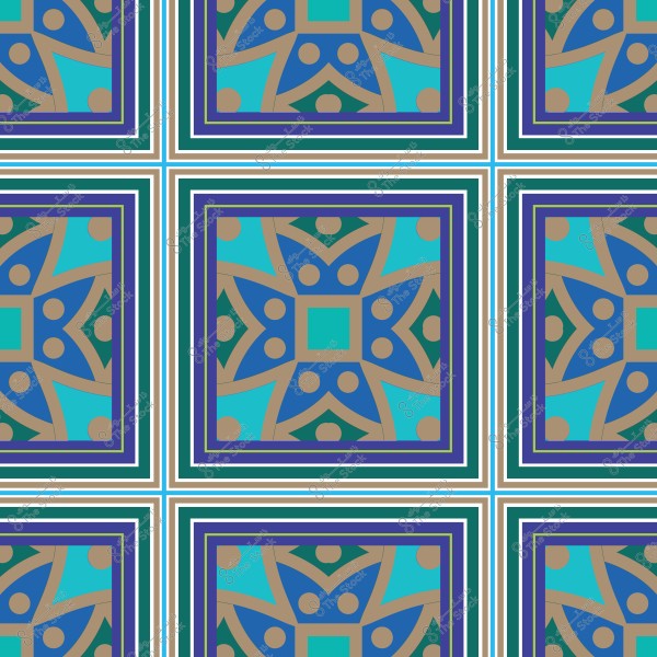 نمط زخرفي هندسي متعدد الألوان يحتوي على مربعات وتصاميم متكررة باللون الأزرق والأخضر والبني.