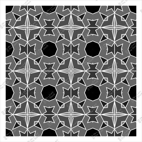 نقش هندسي عربي باللونين الأبيض والأسود يتكون من أنماط نجمية متكررة.