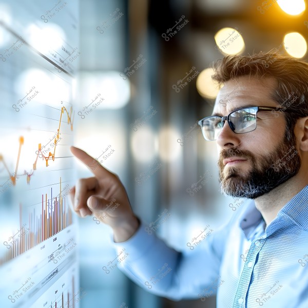 The image shows a man wearing glasses and a light blue shirt, standing in front of a screen displaying a chart with colored bar and line graphs. He appears to be focused on the data, pointing at the screen with his hand, with a softly blurred background lighting that adds emphasis to the man and the screen.