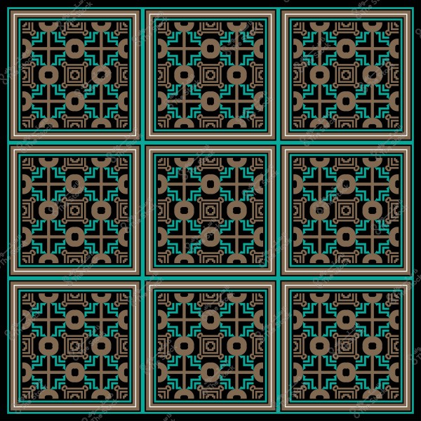 نمط متماثل مكون من تسع مربعات مع تصميم هندسي مكرّر بألوان الأزرق والأسود والبني.