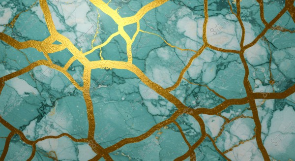 An image showcasing patterns of green marble with intertwined golden details. The background is dark green with shiny gold veins intersecting in a complex pattern, creating an artistic aesthetic resembling the Japanese \"Kintsugi\" technique.