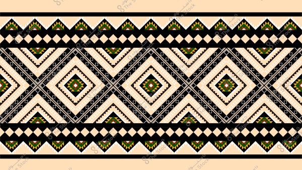 صورة لنمط تقليدي هندسي متعدد الألوان يظهر تصميم مستوحى من التراث النجدي, يتميز بأشكال ماسية كبيرة مزخرفة بنقوش وأشكال مثلثية متكررة بألوان الأسود والأصفر والأخضر والبرتقالي, والخلفية بلون بيج فاتح.